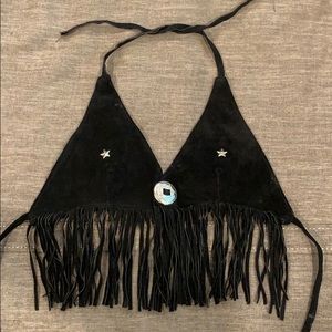 Vintage black fringe tie top